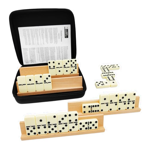 Uvcany Dominoes Set for Adults with 4 Wooden Racks/Trays, Double 6 Dominoes Travel Set with Portable Case Double Six Dominoes Set with 4 Tiles Holders, 28 Tiles Dominos Set for Family Board Games