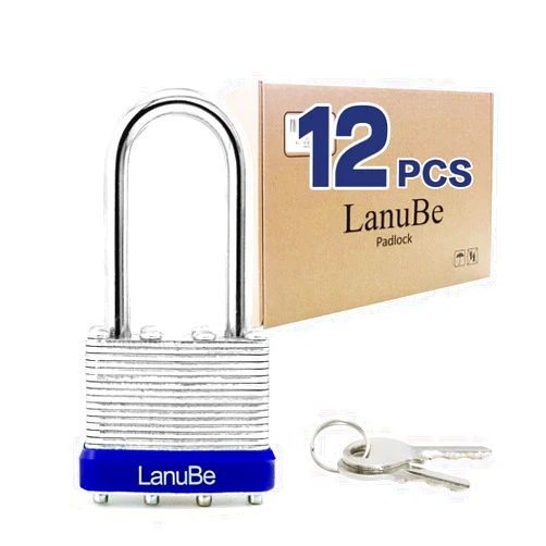 LanuBe Lock Laminated Steel Keyed Padlock,Keyed Alike Locks, Long Shackle Padlock,Pack of 12