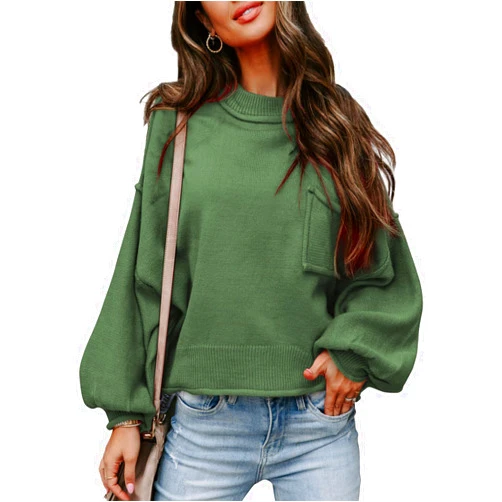 EVALESS Women's 2024 Lantern Long Sleeve Crewneck Sweater Casual Solid Color Ribbed Hem Knitwear Pullover Cropped Tops