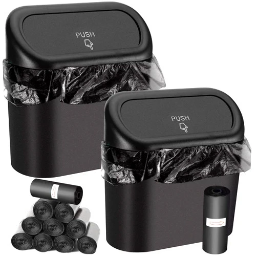 Wontolf Car Trash Can Bin with Lid and 150pcs Trash Bags Small Car Garbage Can Leakproof Mini Car Accessories Trash Bin Car Dustbin Organizer Container for Car Office Home