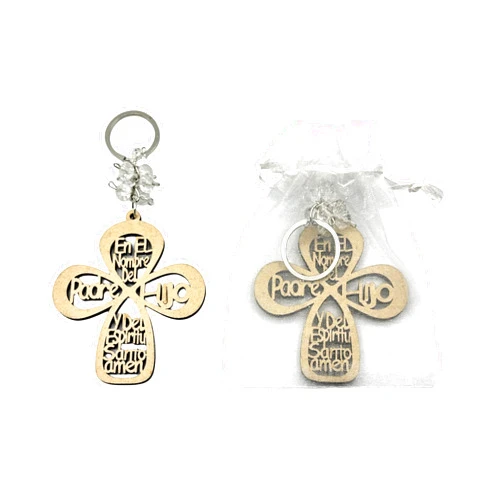 Solkool 12Pcs Wooden Keychain with Cross Frame and Letters Baptism/Christening Favors Recuerdos de Bautizo with Organza Bag