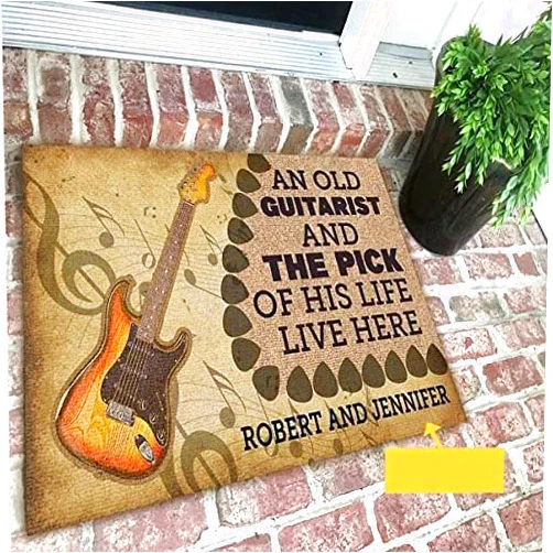 PuseTaer Couple Guitar Doormat an Old Guitarist and The Pick of His Life Live Here Shoe Room Door Mat, 18 x 30 Inch Welcome Doormat Floor Mat, Non Slip Kitchen Mat for Outdoor Indoor Entrance Decor