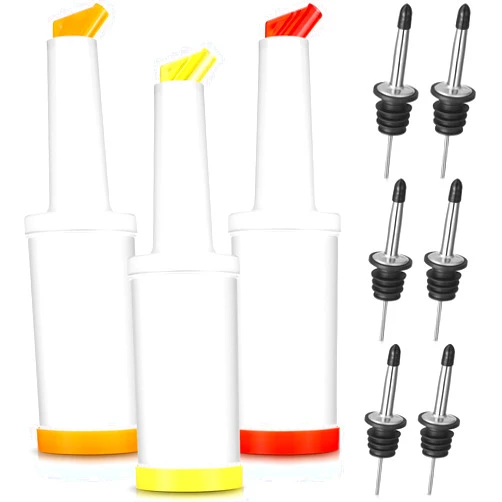 CHENGU Fruit Juice and Liquor Pour Bottles Bar Supplies Pour Bottles Plastic Juice Pour Bottles with Stainless Steel Bottle Pourer Tapered Spout for Liquor Juice Store 34 OZ (Bright Colors,3 Pack)