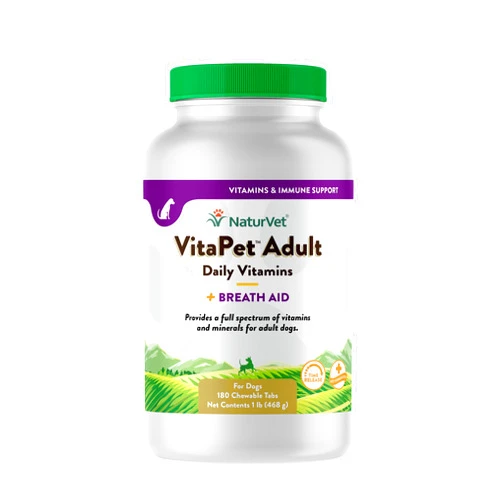 NaturVet - VitaPet Adult Daily Vitamins for Dogs - Plus Breath Aid - Provides a Full Spectrum of Vitamins & Minerals - Enhanced with Omega-6 Fatty Acids (180 Time Release Chewable Tablet