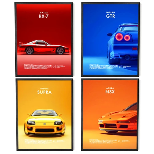 SUPPLY DROP 4 Japanese Car Posters - Classic JDM Car Poster Bundle, Vintage Car Posters, Sports Car Posters for Boy’s and Men’s Birthday, For Office, Bedroom, Living Room, Racing Car Wall Art for Boys Bedrooms (Unframed 11x14inch, 4pcs)