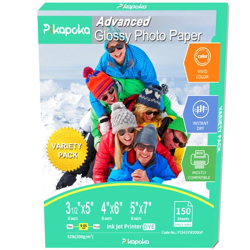 Pikapoka Glossy Photo Paper 3.5x5, 4x6, 5x7, Photo Printer Paper for Inkjet, 150 Bulk Variety Pack, Assorted Sizes, 52lb/200gsm (P3545YW200GP)