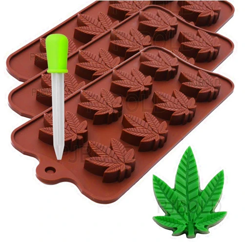PJ BOLD Marijuana Leaf Silicone Trays for Chocolate Gummies Party Novelty Gift Mold with Dropper, 3 Pack