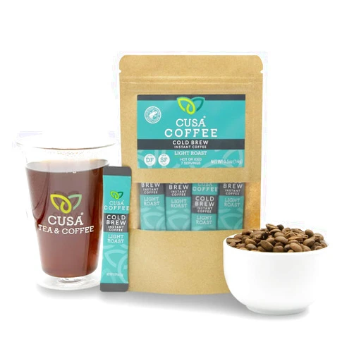 Cusa Tea & Coffee | Premium Instant Light Roast | Rainforest Alliance Certified Arabica Beans | Hot or Cold Brew Drink Mix Packets (7 Single Servings)