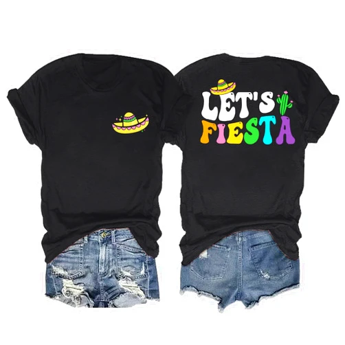 TAOHONG Fiesta Shirts Women Lets Fiesta Tees Cinco De Mayo Shirts Mexican Fiesta Party Tee Shirt Sombrero T Shirts