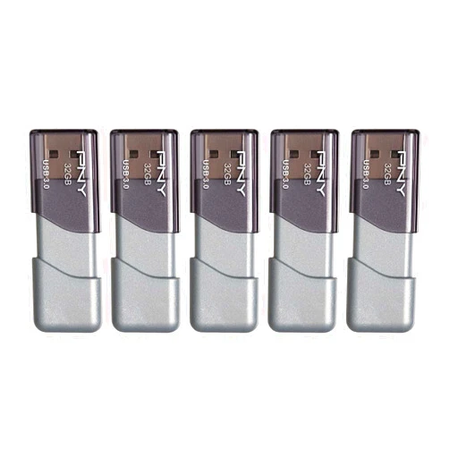 PNY 32GB Turbo Attache 3 USB 3.0 Flash Drive, Grey (Pack of 5)