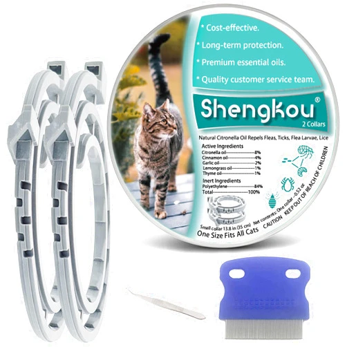 ShengKou Flea and Tick Collar for Cats - Offers 12-Month Protection, Crafted with Premium Plant Oils, Waterproof, Natural, Safe for Kittens, includes Free Comb and Tweezers, 13.8 in (2 Packs)