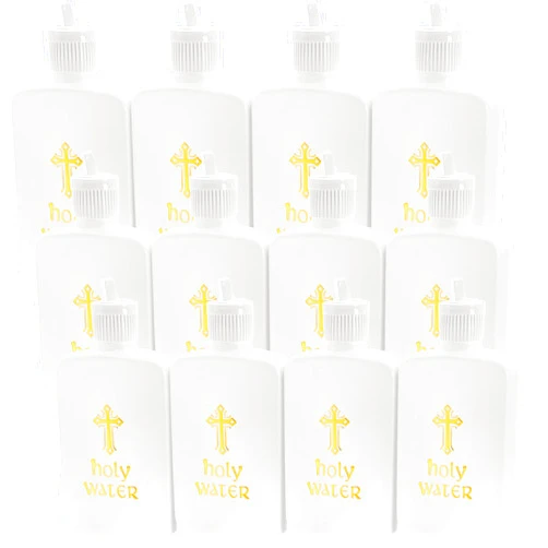 Hiceeden 12 Pack 100ML Holy Water Bottles with Gold Cross Pattern, Plastic Easter Catholic Christian Water Bottle Container, Portable Empty Holy Water Flask for Easter Party Decor, White (3.4oz)