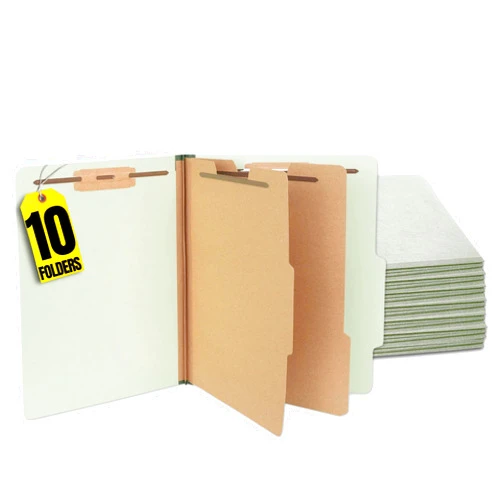 1InTheOffice Classification Folders, Pressboard Classification Folders, Letter Size, 2 Dividers, 6 Fasteners, Green, 10 Pack