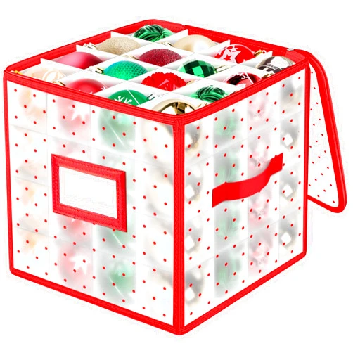 BlessedSeason Christmas Ornament Storage Box with Adjustable Dividers, Store up to 64 of 3-inch or 36 4-inch Christmas Ornaments, Plastic Xmas Ornaments Storage with Zippered Closure & Two Handles