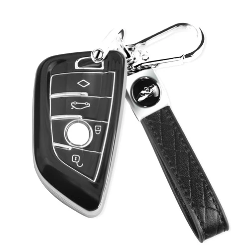 QBUC for BMW Key Fob Cover with Leather Keychain,for BMW 2 5 6 7 Series X1 X2 X3 X5 X6 X7 Premium Soft TPU Key Fob Holder (1-Black)