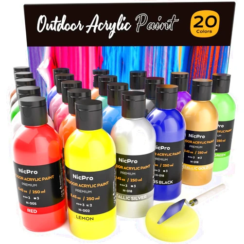 Nicpro 20 Colors Large Bulk Outdoor Acrylic Paint Set (8.45 oz, 250 ml) Rich Art Painting Supplies, Non Toxic for Multi Surface Canvas Rock Wood Leather Fabric Stone Metal Wall Craft with Color Wheel