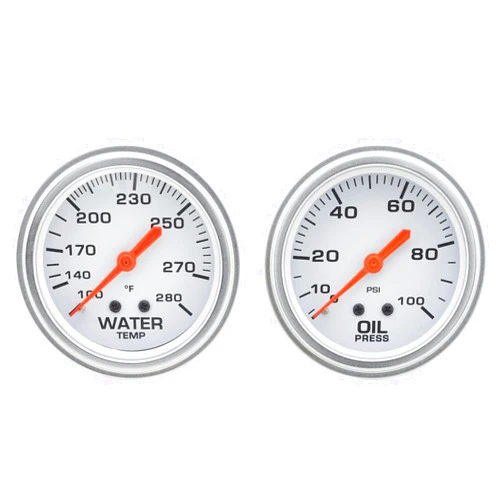 Speedway Motors 2-5/8 Inch Oil Press and Water Temp Gauge Kit, Backlit White Face, Universal Fit, Chrome Bezel, Black/Silver Bezel Options, 100° – 280° F Reading