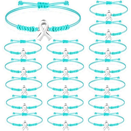 Sasylvia 20 Pcs Ovarian Cancer Awareness Bracelets Adjustable Cord Teal Ribbon Braided Bracelets Inspirational Ovarian Cancer Gifts for Women Jewelry Accessories