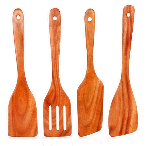 Ayiaren Best Wooden Spatula for Cooking Non Stick Kitchen Utensils Teak Wood Spatula Set of 4 Flat Slotted Turner Spatula for Baking Mixing Scraping Fish Spatula Wood Cooking Utensil Set Egg Flipper Spatula