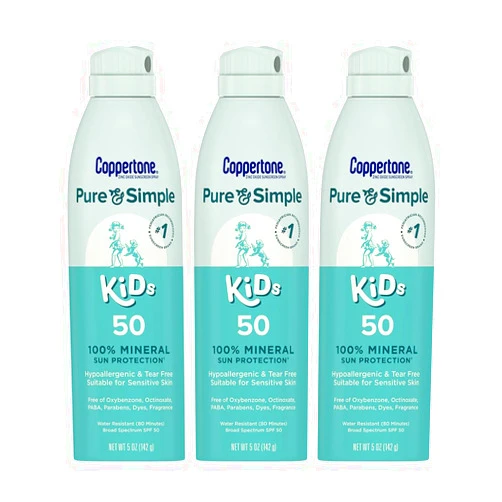 Coppertone Pure and Simple Kids Sunscreen Spray SPF 50, Zinc Oxide Mineral Sunscreen for Sensitive Skin, Hypoallergenic and Tear Free, 5 Oz Can, Pack of 3