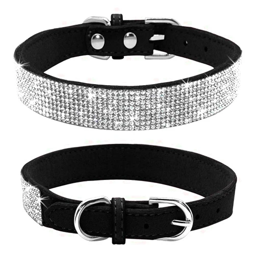 Haoyueer Rhinestone Dog Collar, Cute Dazzling Sparkling Soft Suede Leather Dog Cat Rhinestone Collar Crystal Diamond Pet Dog Puppy Collar(Black,M fit Neck 32-38 cm)