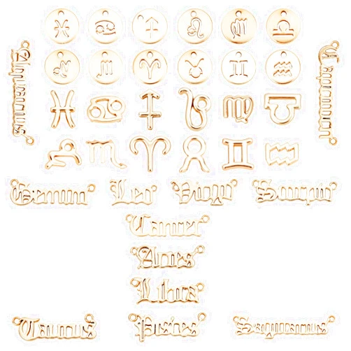 SUNNYCLUE 1 Box 3 Sets 36Pcs Gold Zodiac Charm Alloy Twelve Constellation Sign Word Epoxy Resin Fillers Virgo Scorpio Libra Leo Flat Round Pendants for Jewelry Making Charms Bracelets Nails Findings