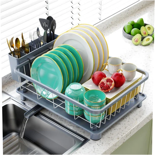 Hiviweer Dish Drying Rack - Space-Saving Dish Rack,Dish Racks for Kitchen Counter with Drainboard, Rustproof Dish Drainer with a Removable 4-Compartment Utensil Holder,Gray
