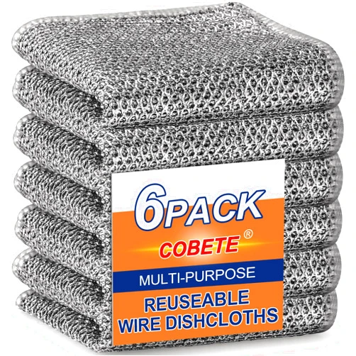 COBETE Non Scratch Wire Dishcloth,Double-Layer Wire Dishwashing Rags for Wet and Dry,Wire Miracle Cleaning Towels and Dish Cloths Multipurpose for Washing Dishes,Cookware, Sinks,Stove Tops,Pack of 6