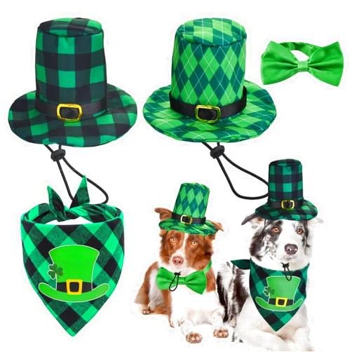 Vehomy 4pcs St Patrick's Day Dog Hat Collar and Bandana Costumes Buffalo Plaid Dog Hats Cotton Dog Shamrock Scarf Bowtie Irish Holiday Day Pet Outfit Accessories for Cats Dogs