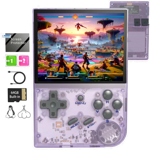 GiipGoop RG35XX Retro Gaming Consoles with 64G TF Card RG35XX Handheld Game Console Dual System Linux+Garlic Classic Emulator Hand Held Gaming Console with 6900 Games Support HDMI TV Output Purple