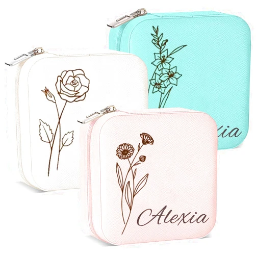 AsBestForGF Ships Next Day, Custom Travel Jewelry Box with Name and Birth Flower, Bridesmaid Proposal Gifts Personalized Small Travel Jewelry Case for Women, Customized Mothers Day Jewelry Gifts for Mom