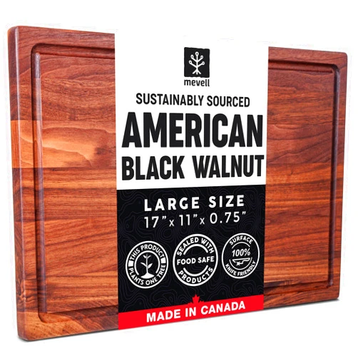 Mevell Walnut Wood Cutting Board for Kitchen, Reversible Wooden Chopping Board With Juice Grooves, Made in Canada (Walnut, 17x11x0.75)