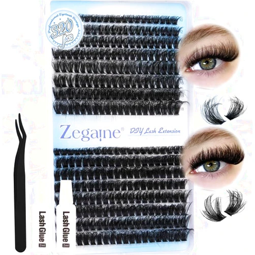 Zegaine Fluffy Lashes Extension Kit 320pcs Wispy Eyelashes Extensions Thick DIY Lash Extension Kit Thick Volume Clusters 80D 100D Long Individual Cluster Lashes Kit with Lash Glue And Tweezers 10-18MM