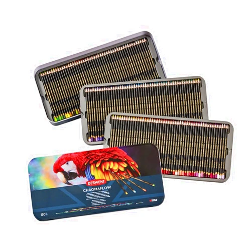 Derwent Chromaflow Pencils, Set of 150 in Tin, 3.5mm Round Core, Premium Core Strength, Blendable with Smooth Texture, Ideal for Drawing, Coloring & Layering, Professional Quality (2306263)