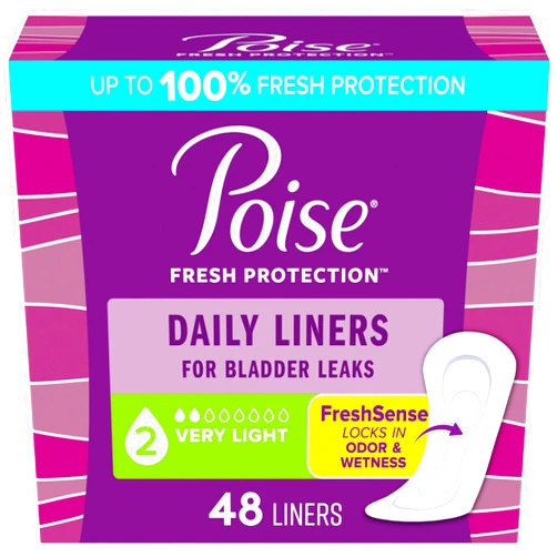 Poise Daily Liners, Incontinence Panty Liners for Bladder Leaks, 2 Drop Very Light Absorbency, Regular Length, 48 Count of Pantiliners, Packaging May Vary