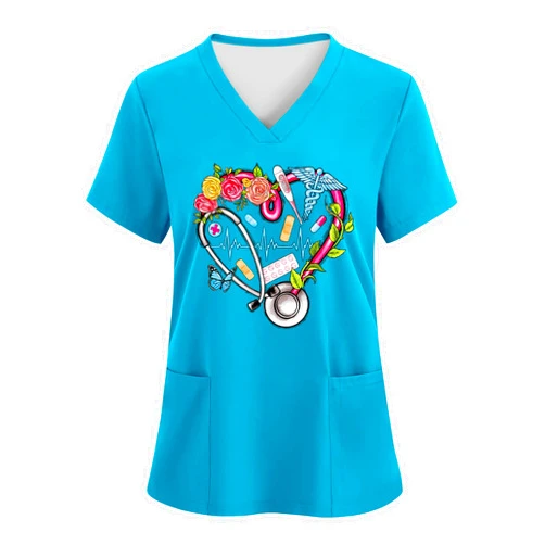 LOMON V Neck Print Scrub Tops for Women Short Sleeve Scrub Shirts Stretchy Holiday Nurse Uniform with 2 Pockets