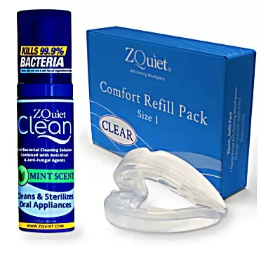 ZQuiet Anti-Snoring Mouthpiece Solution - Comfort Size #1 (Single Device) + Cleaner (1.5oz Bottle) - Made in USA Snoring Solution for a Better Night’s Sleep (Clear)