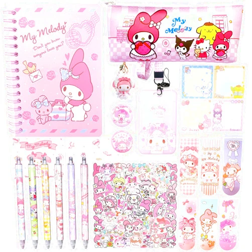 Jachneon My Melody School Supplies Set, Kawaii School Supplies Gift Set, Including Cartoon Melody Journal Pencil Case Ballpoint Pen ID Badge Holder Stickers Key Chain Bookmark Stickers