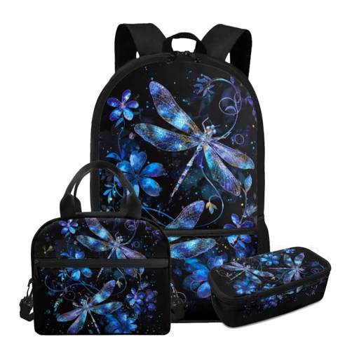 HUGS IDEA Blue Dragonfly Backpack for Girls with Lunch Bag Cute Animal Book Bag for Girls 10-12 Elementary School Backpack Set 3 in 1 School Bag Set for Teen Girls School Bookbag