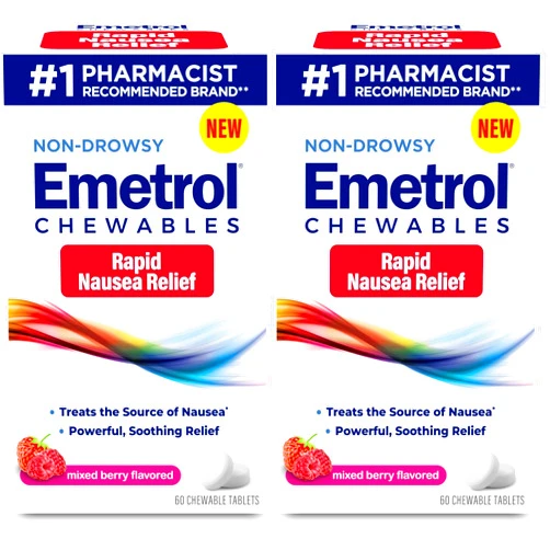 Emetrol Non-Drowsy Nausea Relief - Chewable Medicine for Upset Stomach - Pharmacist Recommended Nausea Relief - Mixed Berry Flavor, 60 Tablets (Pack of 2)