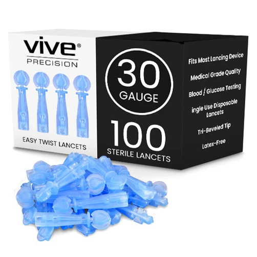 Vive Precision Vive Easy-Twist Lancets for Diabetes Blood Sugar Extraction Testing, - 30 Gauge Single Use Disposable Finger Pricker Needle Pen for Glucose Monitoring Devices - Diabetic Medical Safety (100 Easy-Twist Lancets)