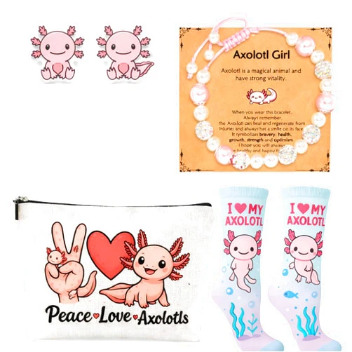 Flotreif Axolotl Gifts Set Includes Axolotl Gifts Sock, Makeup Bag, Stickers -Axolotl Gifts for Axolotl Love