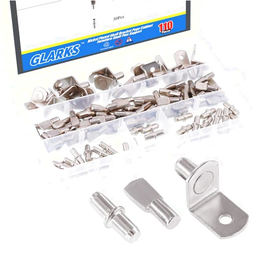 Glarks 110-Pieces Nickel Plated Shelf Bracket Pegs Cabinet Furniture Shelf Pins Support 3 Styles - Silver