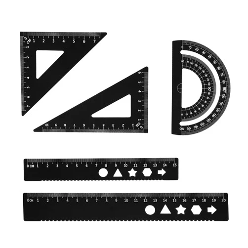 Teaaha 5 PCS Metal Geometry Set with Protractor and Triangle Rulers, 8 & 6 Inch Aluminum Alloy Math Drafting Ruler Straight Measuring Tool for School and Office, Metric and Imperial Black