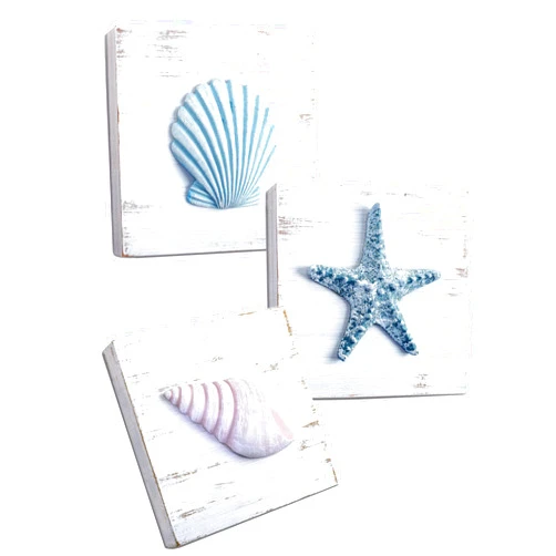 Tide and Tales TideAndTales 3D Beach Wall Art - Seashell Decor with Starfish for Beach Bathroom Decor, Ocean Inspired Beach Decor for Bathroom, Coastal Bedroom, Living Room or Beach House, Set of 3 (6”x 6”)