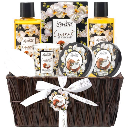 LOVESTEE Mothers Day Gifts, Spa Baskets For Women, Bath And Body, Coconut & Orchid Bath & Body Set, Includes Shower Gel, Hand Cream, Body Lotion, Candle And More, Gifts For Women, Gift For Mom