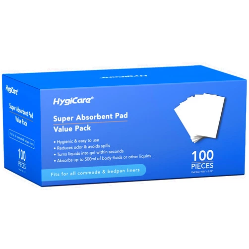 HygiCare Super Absorbent Pads Value Pack -100 Count -Medical Grade fits All Portable Toilet Bags, Bedside Commode Chairs, Bedpan Liners, Camping, Turning Body Fluids into Gel, Greatly Reduce Odor