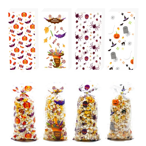 ONFAON Halloween Cellophane Treat Bags, 180pcs Halloween Trick or Treat Goody Gags with 200pcs Twists for Snacks Cookies Packing, Halloween Goodie Bags Party Supplies(02)