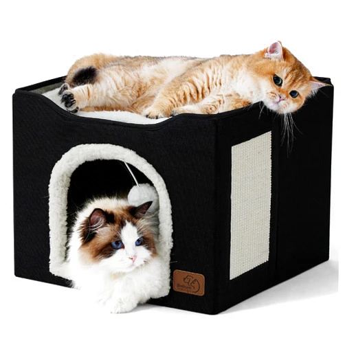 Bedsure Cat Beds for Indoor Cats - Large Cat Cave for Pet Cat House with Fluffy Ball Hanging and Scratch Pad, Foldable Cat Hideaway,16.5x16.5x13 inches, Black