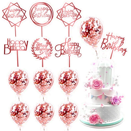 IEALODS 14 Pack Rose Gold Birthday Cake Topper, 7PCS Acrylic Cake Toppers with 7PCS Confetti Balloon, Happy Birthday Cake Supplies Decorations Set
